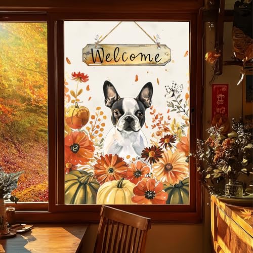 HOMETITUTE Fensterfolie mit Boston Terrier, Motiv: Hund mit Kürbissen und orangefarbenen Blumen, dekorativ für Veranda, Terrasse, Hof, Outdoor, Zuhause, Tür, Privatsphäre, Dekoration, 78 x 129 cm HOMETITUTE Fensterfolie mit Boston Terrier, Motiv: Hund mit Kürbissen und orangefarbenen Blumen, dekorativ für Veranda, Terrasse, Hof, Outdoor, Zuhause, Tür, Privatsphäre, Dekoration, 78 x 129 cm von HOMETITUTE