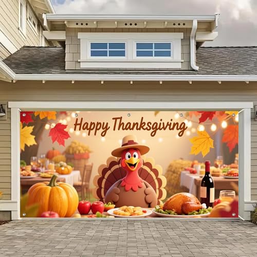 HOMETITUTE Garagentor-Banner "Happy Thanksgiving", 4 x 1,8 m, Cartoon-Truthahn-Festthema, Hintergrund, saisonale Herbstdekoration, Türabdeckung, Banner für Außengarage, Wandverkleidung für Party von HOMETITUTE