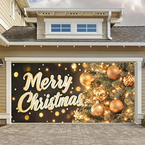 HOMETITUTE Garagentor-Banner für Weihnachten, 4 x 1,8 m, groß, Frohe Weihnachten, Dekoration, Hintergrund mit grünen Baumlichtern, Ornamenten, goldener Schriftzug für Außenbereich, Hof, Wand, Urlaub HOMETITUTE Garagentor-Banner für Weihnachten, 4 x 1,8 m, groß, Frohe Weihnachten, Dekoration, Hintergrund mit grünen Baumlichtern, Ornamenten, goldener Schriftzug für Außenbereich, Hof, Wand, Urlaub von HOMETITUTE