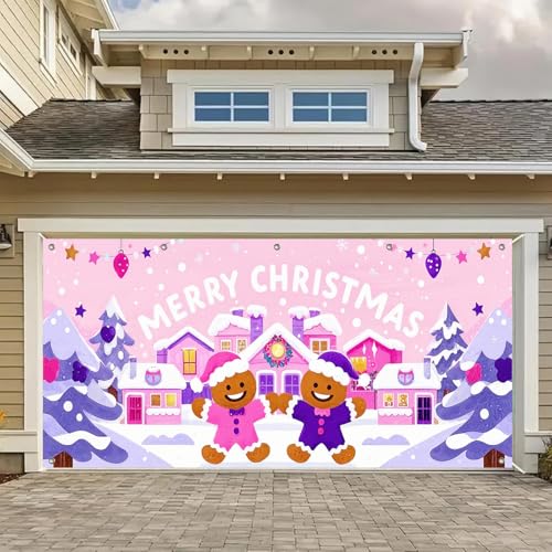 HOMETITUTE Garagentor-Banner für Weihnachten, 4 x 1,8 m, rosa Haus, Lebkuchenmann, Hintergrund mit violetten Weihnachtsbäumen, Schneeflocken, Sternlichtern, Frohe Weihnachten, Schild HOMETITUTE Garagentor-Banner für Weihnachten, 4 x 1,8 m, rosa Haus, Lebkuchenmann, Hintergrund mit violetten Weihnachtsbäumen, Schneeflocken, Sternlichtern, Frohe Weihnachten, Schild von HOMETITUTE