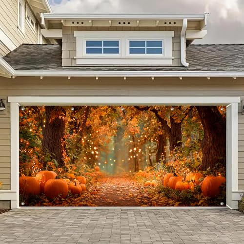 HOMETITUTE Garagentor-Banner für den Herbst, 4 x 1,8 m, Herbst-Waldweg, Kürbis-Thema, Hintergrund, Dekor-Banner für Außen- und Innenbereich, Herbsttürabdeckung, Garagenwandabdeckung für Party von HOMETITUTE