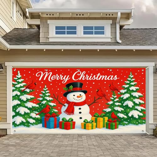 HOMETITUTE Garagentor-Banner mit Aufschrift "Merry Christmas", 4 x 1,8 m, festlicher Hintergrund, fröhlicher Schneemann mit Kardinälen und bunten Geschenken, Foto-Requisite, Hintergrund für fröhliche von HOMETITUTE