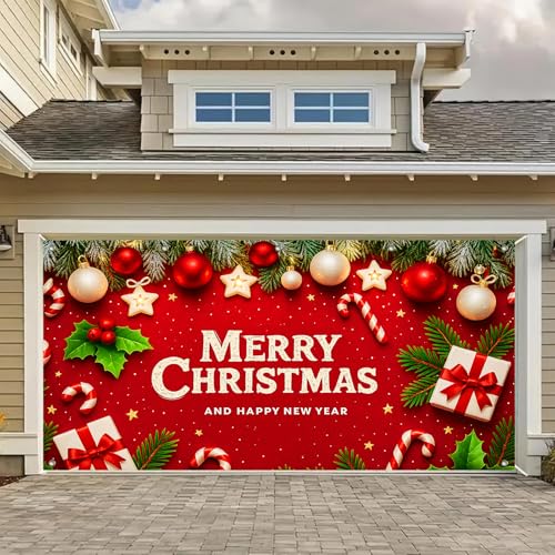 HOMETITUTE Garagentorabdeckung für Weihnachten, Neujahr, 4 x 1,8 m, Aufschrift "Merry Christmas and Happy New Year", Weihnachtsdekoration, für drinnen und draußen, saisonaler Hintergrund, rote HOMETITUTE Garagentorabdeckung für Weihnachten, Neujahr, 4 x 1,8 m, Aufschrift "Merry Christmas and Happy New Year", Weihnachtsdekoration, für drinnen und draußen, saisonaler Hintergrund, rote von HOMETITUTE