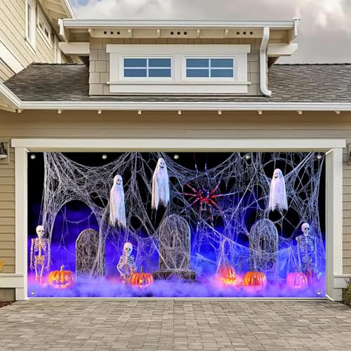 HOMETITUTE Halloween-Garagentor-Abdeckung, Banner, Spinnennetz, Geist, Kürbis, Grabstein, Spukparty, Fotohintergrund, Dekoration für drinnen und draußen, mit gruseliger Wanddekoration HOMETITUTE Halloween-Garagentor-Abdeckung, Banner, Spinnennetz, Geist, Kürbis, Grabstein, Spukparty, Fotohintergrund, Dekoration für drinnen und draußen, mit gruseliger Wanddekoration von HOMETITUTE