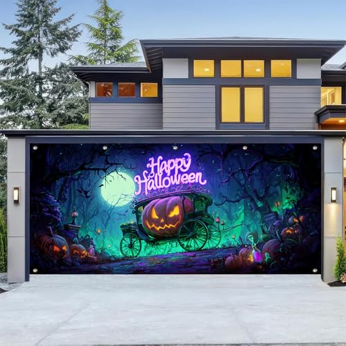 HOMETITUTE Halloween-Garagentorabdeckung, 4 x 1,8 m, gruseliger Kürbiskutsche, Happy Halloween, Neon-Banner, Outdoor-Hof-Dekoration, Spukhaus, Trick or Treat Türdekoration HOMETITUTE Halloween-Garagentorabdeckung, 4 x 1,8 m, gruseliger Kürbiskutsche, Happy Halloween, Neon-Banner, Outdoor-Hof-Dekoration, Spukhaus, Trick or Treat Türdekoration von HOMETITUTE