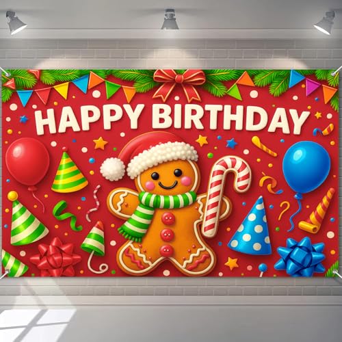 HOMETITUTE Happy Birthday Banner 180 x 109 cm Lebkuchenmann Party Luftballons Konfetti Hintergrund Weihnachten Feier Hintergrund für Kinder Urlaub Winter Geburtstag Dekorationen Banner von HOMETITUTE