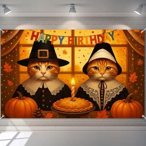 HOMETITUTE Happy Birthday Banner 180 x 109 cm Pilgerkatzen Party Hintergrund Thanksgiving Herbst Hintergrund Kürbis Kuchen für Katze Geburtstag Dekorationen Herbst Ernte Haustier Liebhaber Party von HOMETITUTE
