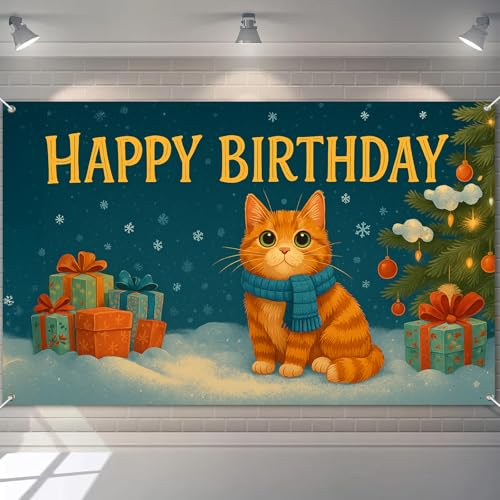HOMETITUTE Happy Birthday Banner 180 x 109 cm Winter Katze Party Dekorationen Hintergrund Schnee saisonaler Hintergrund für Kinder Winter Urlaub Feier Dekorationen Banner von HOMETITUTE