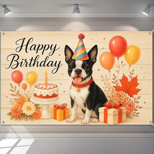 HOMETITUTE Happy Birthday Banner Dekorationen 180 x 109 cm Boston Terrier Hund Party Hintergrund Rustikaler Holzhintergrund Geburtstag Kuchen Geschenke für Haustierliebhaber Hund Geburtstag Party von HOMETITUTE