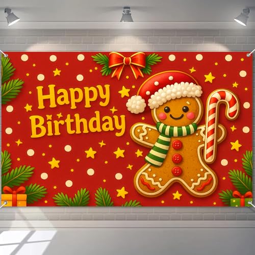 HOMETITUTE Happy Birthday Banner Dekorationen 180 x 109 cm Lebkuchenmann Party Hintergrund Zuckerstange rot gepunktet Hintergrund für Kinder Weihnachten Winter Geburtstag Dekorationen für Mädchen oder von HOMETITUTE