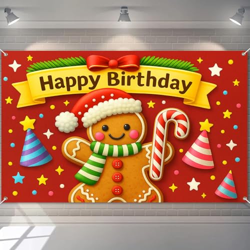 HOMETITUTE Happy Birthday Banner Dekorationen 180 x 109 cm Lebkuchenmann Party Hintergrund Zuckerstange rote Sterne Hintergrund Weihnachtskranz für Kinder Urlaub Winter Geburtstag Dekorationen von HOMETITUTE