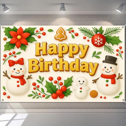 HOMETITUTE Happy Birthday Banner Dekorationen 180 x 109 cm Schneemann Familie Party Hintergrund Weihnachten Stechpalme Beeren Hintergrund für Kinder Winter Urlaub Feier Dekorationen für Mädchen oder von HOMETITUTE