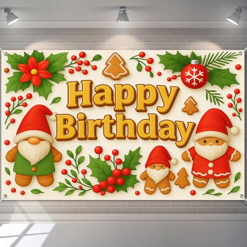 HOMETITUTE Happy Birthday Banner Dekorationen 180 x 109 cm Weihnachtswichtel Party Hintergrund Lebkuchen Kekse Stechpalme Beeren Hintergrund für Kinder Urlaub Winter Geburtstag Dekorationen Banner von HOMETITUTE