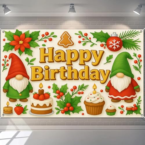 HOMETITUTE Happy Birthday Banner Dekorationen 180 x 109 cm saisonale Weihnachtswichtel Party Hintergrund Kuchen Cupcakes Hintergrund für Kinder Urlaub Winter Geburtstag Dekorationen Banner von HOMETITUTE