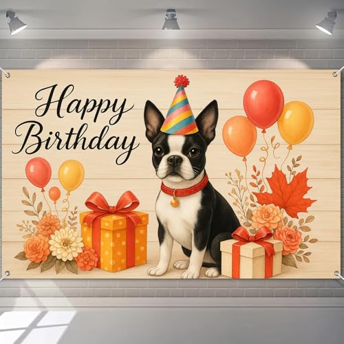 HOMETITUTE Happy Birthday Banner Dekorationen 180 x 109 cm saisonaler Boston Terrier Hund Party Hintergrund Rustikaler Holzhintergrund Luftballons Geschenke für Tierliebhaber Hund Geburtstag von HOMETITUTE
