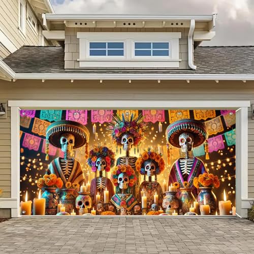 HOMETITUTE Tag der Toten Garagentor-Banner, elegantes Skelett, Altar, Kerzenlicht, Papel, Picado, hängende Foto-Hintergrund, Dekoration, Innen- und Außenbereich, Fiesta, Party-Dekorationen, 4 x 1,8 m HOMETITUTE Tag der Toten Garagentor-Banner, elegantes Skelett, Altar, Kerzenlicht, Papel, Picado, hängende Foto-Hintergrund, Dekoration, Innen- und Außenbereich, Fiesta, Party-Dekorationen, 4 x 1,8 m von HOMETITUTE