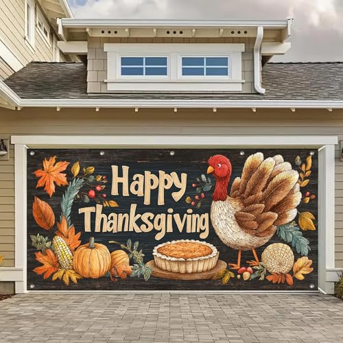 HOMETITUTE Thanksgiving Garagentor-Banner mit Aufschrift "Happy Thanksgiving Turkey Pie", rustikaler Hintergrund, Banner für Außen- und Innenbereich, Herbsttürabdeckung, Garagenwandabdeckung für von HOMETITUTE