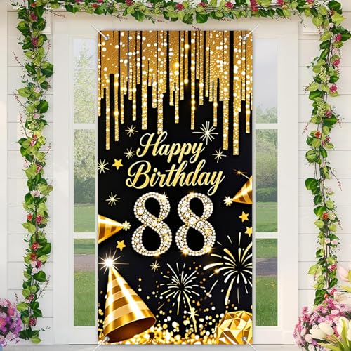 HOMETITUTE Türabdeckung zum 88. Geburtstag, 180 x 89 cm, Schwarz und Gold, Geburtstags-Türbanner für Party-Dekorationen, Diamant-Nummer, Hintergrundschild für Damen, Herren, Erwachsene, Foto-Requisite von HOMETITUTE