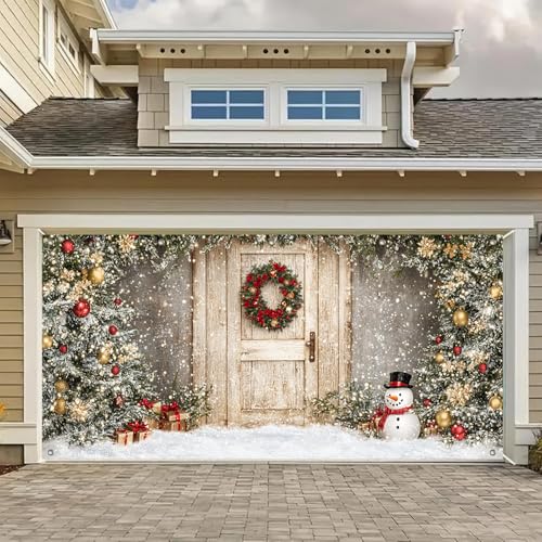 HOMETITUTE Weihnachtsbanner für den Eingangsbereich, 4 x 1,8 m, graue Wand mit Holz-Eingangsdekoration, mit Weihnachtsbäumen, Schneemann, Geschenkboxen, Kranz, Schneeflocken und Lichtern für den von HOMETITUTE