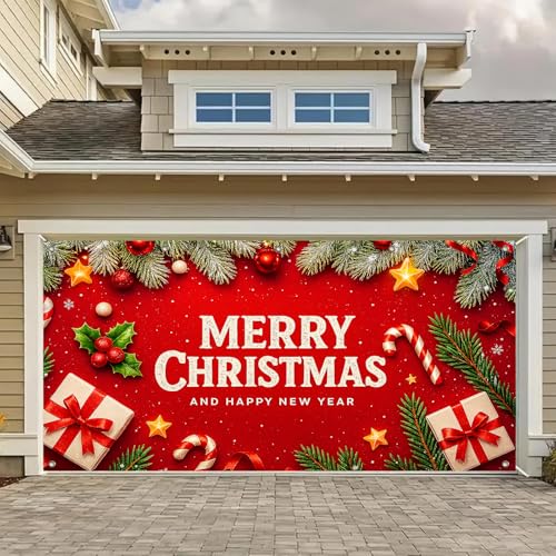 HOMETITUTE Weihnachtstürbanner 4 x 1,8 m, Dekoration für die Veranda, roter Hintergrund, Frohe Weihnachten und ein frohes neues Jahr, Tannenzweige Ornamente, Geschenke, Winter, saisonale HOMETITUTE Weihnachtstürbanner 4 x 1,8 m, Dekoration für die Veranda, roter Hintergrund, Frohe Weihnachten und ein frohes neues Jahr, Tannenzweige Ornamente, Geschenke, Winter, saisonale von HOMETITUTE
