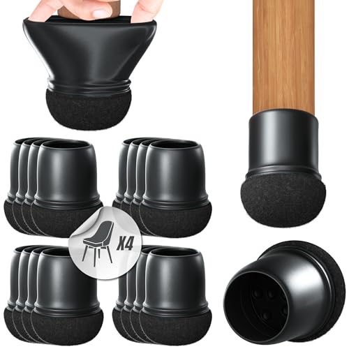 Premium 16 Stück Stuhlbeinkappen Rund, Filzgleiter, Stuhlbeinschoner, Schutzkappen mit Filz für Stuhlbeine | Möbelgleiter Set für 4 Stühle | Silikon Gleiter Stuhlbeinsocken Ø 14-19 mm, Schwarz von HOMETOWN