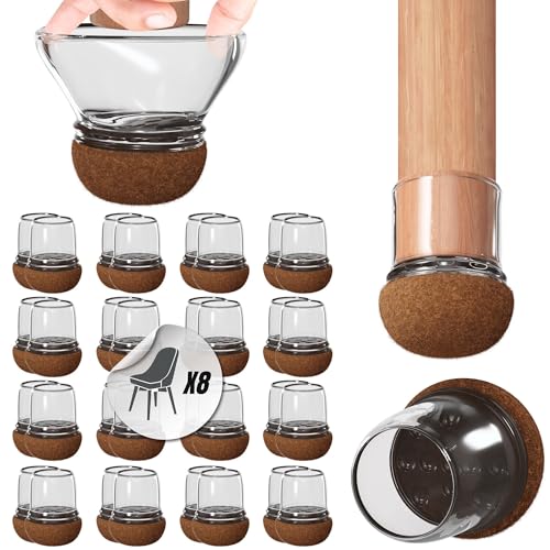 Premium 32 Stück Silikon Stuhlbeinkappen Schutzkappen mit Extra Dickem Filz für Bodenschutz | Set für 8 Stühle | Runde Transparent Fils Stuhlbeinsocken Filzgleiter 14-19 mm von HOMETOWN