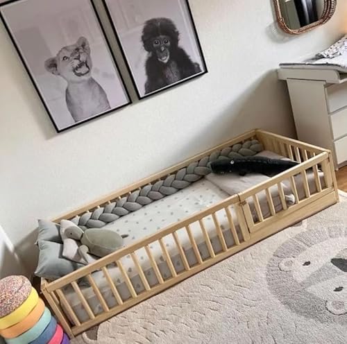 HOMEforDREAMS Natürliches Holz-Kleinkinderbett mit Runden Sicherheitsgeländern und Tor - Montessori-Stil Bodenbettgestell, Leichter Zugang durch Niedriges Design H4D-35 (120x60cm) von HOMEforDREAMS