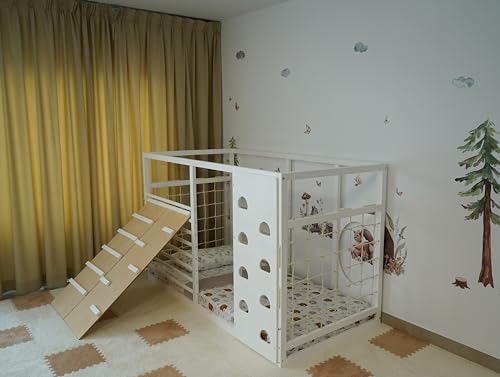 HOMEforDREAMS Turnbett für Kinder ab 4 Jahren: Montessori-inspiriertes 2-in-1-Bett in weißer Farbe, Ohne Innenbrett (Ladder + Rock Boards, 190x140cm) von HOMEforDREAMS