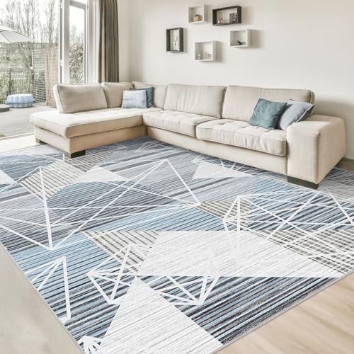 HOMFINE Moderner Teppich Wohnzimmer-Waschbar Kurzflor Teppich Schlafzimmer Flauschiger rutschfest Teppich für Balkon, Esszimmer Teppich, Geometrischer Teppich 120 x170 cm, Blau von HOMFINE