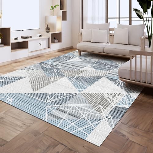 HOMFINE Moderner Teppich Wohnzimmer-Waschbar Kurzflor Teppich Schlafzimmer Flauschiger rutschfest Teppich für Balkon, Esszimmer Teppich, Geometrischer Teppich 160 x230 cm, Blau von HOMFINE