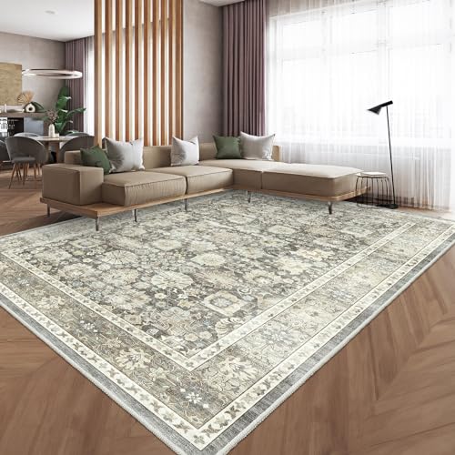 HOMFINE Vintage Teppich Wohnzimmer Waschbar - Kurzflor Waschbarer Teppich Super Weich rutschfest Blumen Design Groß Wohnzimmerteppich für Schlafzimmer Esszimmer Grau 240 x 340 cm von HOMFINE