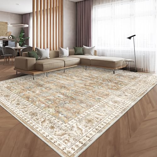 HOMFINE Vintage Teppich - Schlafzimmer Teppich Wohnzimmer Teppich Waschbarer Teppiche Esszimmer Teppich Kurzflor Outdoor Teppich Flauschiger rutschfest Teppich Beige Braun 160 x 230 cm von HOMFINE