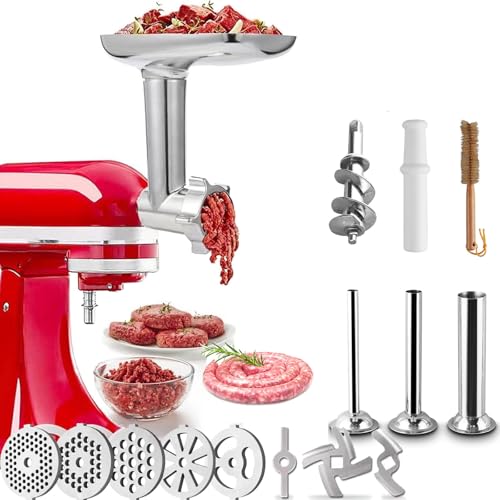 HOMGEN Fleischwolf Aufsatz für Kitchenaid Fleischwolf Edelstahl Zubehör mit 3 Wurstfüllhörner 2 Schleifklingen 5 Mahlscheibe für KitchenAid Zubehör von HOMGEN