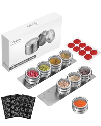 HOMGEN Gewürzdosen Magnetisch 8 Stück Edelstahl Gewürzgläser Set Magnet 100ml Gewürze Spice Jars Magnetisch Gewürz Organiser mit Separates Gewürzregal und Gewürzaufklebern von HOMGEN