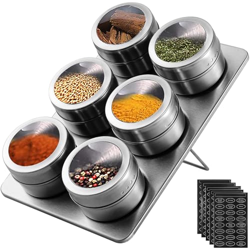 HOMGEN Gewürzdosen Magnetisch Edelstahl 6 Stück Gewürzgläser Set Magnet 100ml Gewürze Spice Jars mit Gewürzregal und Gewürzaufklebern für Küche von HOMGEN