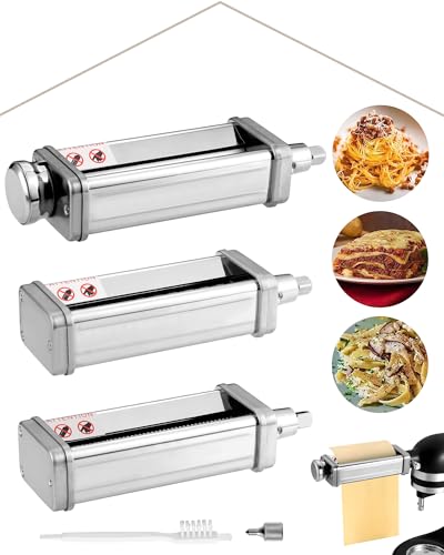 HOMGEN Nudelaufsatz-Set für KitchenAid Standmixer, inklusive Nudelblattwalze, Spaghettischneider & Fettuccine-Schneider, Edelstahl Nudelwalzenzubehör mit 8 einstellbaren Geschwindigkeiten, 3 Teile von HOMGEN