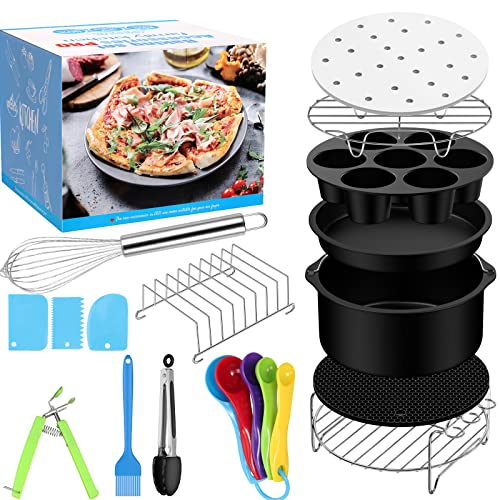 HOMGEN Heißluftfritteuse Zubehör 17 Stück 9 Zoll Luftfritteusen Zubehör Set 5.3-8 QT für Instant Topf Kuchenform Pizzapfanne Toastrost Grillrost Spieße Unterlage Muffinkuchen Tellerklammer von HOMGEN