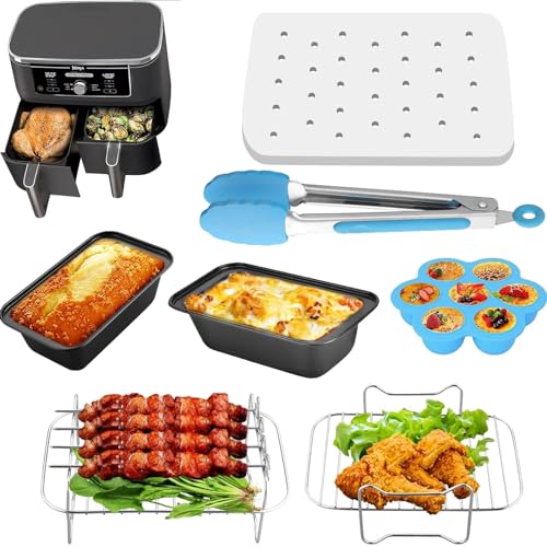 HOMGEN Air Fryer Zubehör 6-teiliges Heißluftfritteusen Zubehör Doppelkammer Airfryer Zubehör für Ninja Foodi AF400EU AF300EU 8L-9.5L Grillrost Backpapier etc von HOMGEN