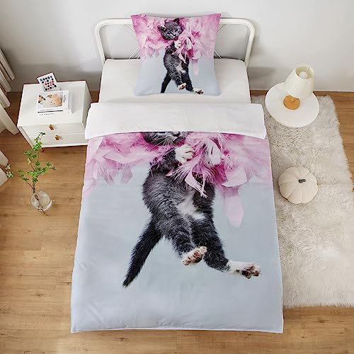 HOHOMHOMHA Bettbezug, 140 x 200 cm, Mädchen, Bettbezug, Katze, Bettbezug, Rosa, Bettbezug für Tiere, für Jungen, Bettwäsche, für Kinder, Bettbezug aus Mikrofaser von HOMHOMHA