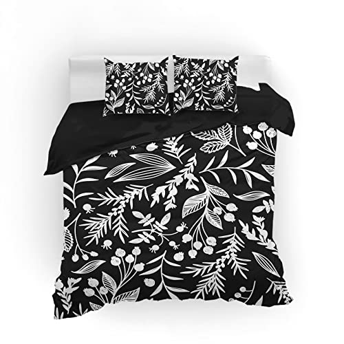 HOMHOMHA Bettwäsche Schwarz Blatt 200x200 Botanisch 3D-Druck Blumen Mikrofaser-Polyester Blätter Bettwäsche-Set Pflanze Bettbezug 200x200cm und 2 Kissenbezüge 80X80cm, schwarz 02 von HOMHOMHA