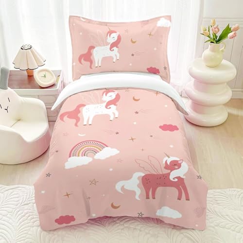 HOM Einhorn Bettwäsche 135x200 Mädchen - Rosa Regenbogen Bettwäsche für Kinder - mit 80x80cm Kissenbezug 2 teilig von HOMHOMHA
