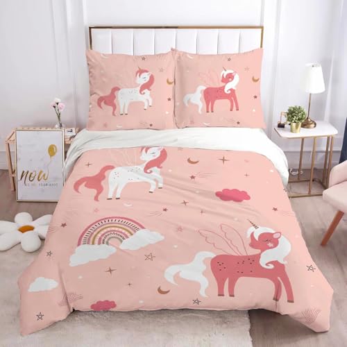 HOMHOMHA Einhorn BettwäSche Kinder MäDchen Bettdecken Set 200x200cm with 2 Kissenbezug 80×80cm 3PS 3D-Druck Regenbogen Rosa 100% Mikrofaser BettwäSche von HOMHOMHA