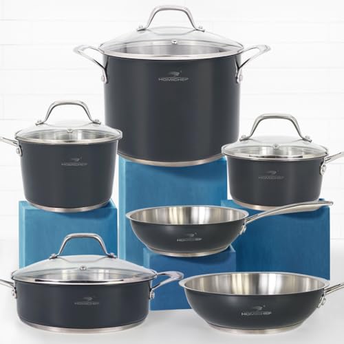 HOMICHEF 10-teiliges Kochgeschirr-Set aus nickelfreiem Edelstahl in Marinegrau – Topf- und Pfannen-Set aus nickelfreiem Edelstahl – Gesundes Kochgeschirr-Set – Ungiftige Induktions-Kochgeschirr-Sets von HOMICHEF
