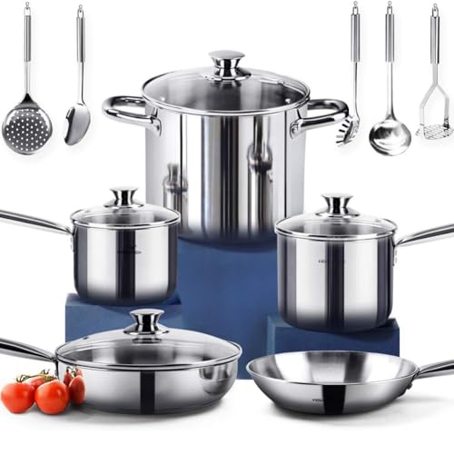 HOMICHEF 14-teiliges Nickelfreies Edelstahl Topfset Induktion - Topf und Pfannen Set mit Glasdeckeln - Gesundes Induktions Ungiftiges Kochgeschirr-Set von HOMICHEF