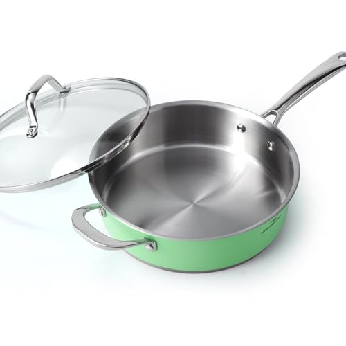 HOMICHEF 24 cm Mintgrün Nickel Frei Edelstahl Sauteuse mit Glasdeckel - 2,36 L ungiftig tief Bratpfanne für Induktionskochfeld Backofen sicher von HOMICHEF