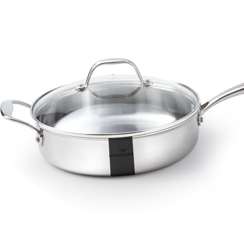 HOMICHEF Spiegelpolierte, nickelfreie Edelstahl-Sautépfanne mit Glasdeckel (keine giftige Antihaftbeschichtung, 3-lagig) – Edelstahl-Sautépfanne von HOMICHEF