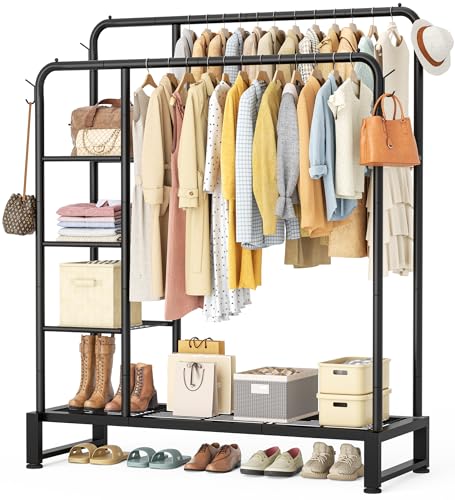 HOMIDEC Doppelstangen Kleiderständer Kleiderständer mit 4 Etagen Aufbewahrungsregalen Rollkleiderorganizer mit Haken Kleiderständer zum Aufhängen von Kleidung, Schwarz von HOMIDEC