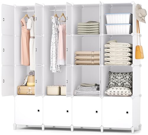 HOMIDEC Kleiderschrank, Kleiderschrank Weiss Tragbarer Regalsystem, 16 Würfel Schrank aus Kunststoff mit 3 Kleiderstange, Schlafzimmerschrank kleiderschrank Weiss für Schlafzimmer (Ganz Weiß) von HOMIDEC