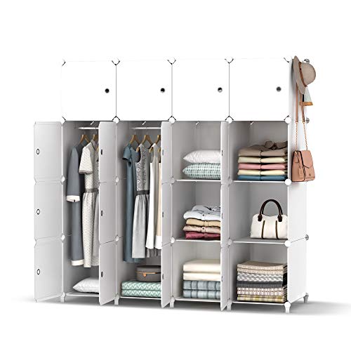 HOMIDEC Kleiderschrank, Tragbarer Regalsystem, 16 Würfel Schrank aus Kunststoff mit 3 Kleiderstange, Schlafzimmerschrank kleiderschrank Weiss für Schlafzimmer von HOMIDEC