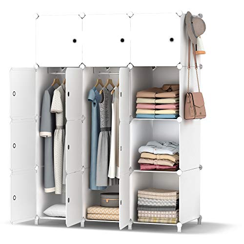 HOMIDEC Kleiderschrank, Tragbarer Regalsystem,12 Würfel Schrank aus Kunststoff mit 3 Kleiderstange, Schlafzimmerschrank kleiderschrank Weiss für Schlafzimmer von HOMIDEC